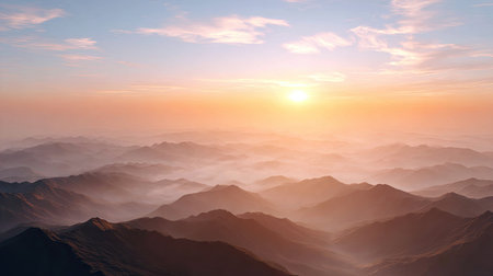 A breathtaking view of a tranquil sunrise illuminating misty mountain ranges, showcasing the beauty of nature at dawn with soft colors and serene atmosphere.の素材