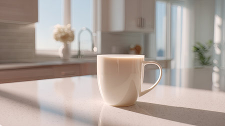 A bright kitchen scene featuring a white cup filled with coffee, basking in soft natural light, creating a tranquil atmosphere perfect for a serene morning ritual.の素材