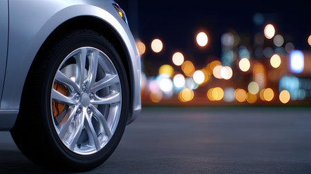 This image captures a close-up view of a silver car wheel with a glossy rim, set against a backdrop of blurred urban lights at night, showcasing beauty and design.の素材