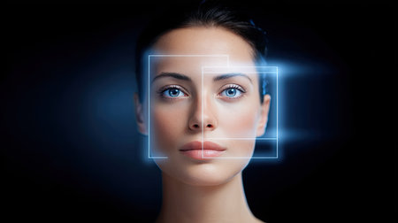 Captivating portrait of a woman with piercing blue eyes, enhanced by digital technology elements suggesting facial recognition in a sleek, modern setting.の素材