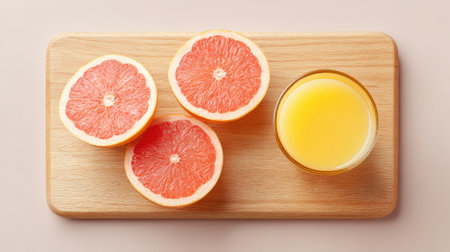 Bright and fresh grapefruit halves alongside a glass of citrus juice, presented on a wooden cutting board. Perfect for healthy living and culinary inspiration.の素材
