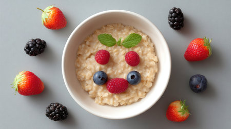 A delightful bowl of oatmeal is artistically arranged into a smiling face using fresh berries, creating a joyful breakfast scene perfect for sharing.の素材