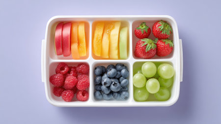 A vibrant assortment of fresh fruits arranged neatly in a lunch box, featuring strawberries, blueberries, grapes, and sliced melons, perfect for healthy snacking.の素材