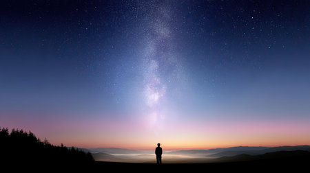 A serene silhouette of a person stands against a breathtaking night sky filled with stars and the Milky Way, creating a tranquil atmosphere of awe and beauty.の素材