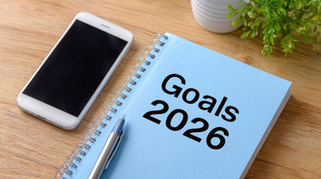 A blue notebook labeled "Goals 2026" placed next to a smartphone and a small green plant, creating a serene workspace perfect for motivation and goal setting.の素材