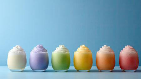 Delight in a vibrant array of colorful frosted dessert drinks in clear glasses, perfect for adding a fun and refreshing touch to summer gatherings or celebrations.の素材