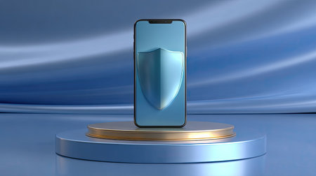 This image features a smartphone displaying a shield symbol, representing security and digital protection. The modern blue background enhances the tech theme and innovation.の素材