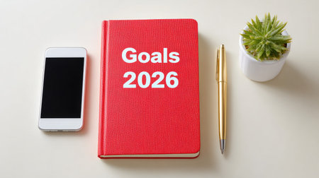 A vibrant red notebook titled Goals 2026 sets the stage for planning and aspiration next to a smartphone, pen, and a small succulent plant on a clean surface.の素材