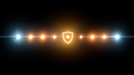 A captivating design featuring a glowing shield symbol surrounded by bright light rays. This image represents security, protection, and technology, suitable for various digital themes.の素材