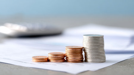Close-up of stacked coins on documents illustrating themes of savings, investment, and financial planning in a business environment. Ideal for finance-related content.の素材