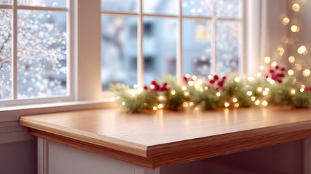 A cozy winter setting featuring a wooden table decorated with holiday items, illuminated by soft lights and a snowy view outside the window, creating a warm atmosphere.の素材