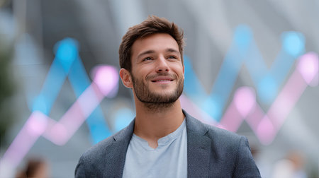 A confident young man stands smiling in front of an abstract background featuring colorful lines. His relaxed expression reflects positivity and aspiration in a modern urban environment.の素材