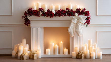 A beautifully decorated fireplace featuring soft white candles, elegant red flowers, warm stockings, and festive gifts, creating a cozy atmosphere for the holiday season.の素材