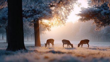 Beautiful winter landscape featuring deer grazing in a frost-covered field at sunrise. The scene captures serenity, nature vitality, and tranquil outdoor beauty.の素材