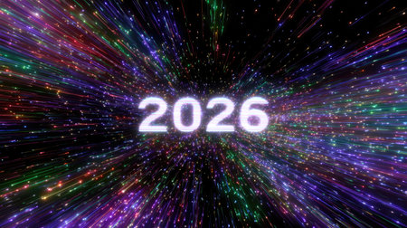 A vibrant depiction of the year 2026 featuring colorful light trails and sparkling effects against a dark backdrop, symbolizing joy and celebration for the future.の素材