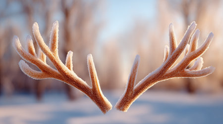 Stunning frost-covered antlers showcase the serene beauty of winter. The soft background highlights nature's elegance during the cold season, creating a peaceful atmosphere.の素材
