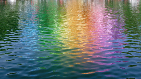 A mesmerizing water surface displaying a colorful rainbow reflection creates a serene atmosphere. This peaceful natural landscape offers vibrant hues and tranquility.の素材