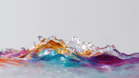 This stunning image features a vibrant water splash in captivating colors like blue, orange, and purple against a soft background, celebrating the beauty of fluid motion.の素材