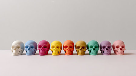 A collection of colorful decorative skulls in vibrant hues arranged on a smooth surface, creating an eye-catching artistic display ideal for creative projects and backgrounds.の素材