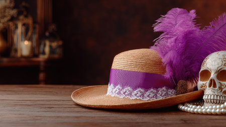 A charming straw hat adorned with a purple ribbon and feathers rests next to a decorative skull on a wooden table, evoking a vintage and artistic ambiance ideal for themed events.の素材