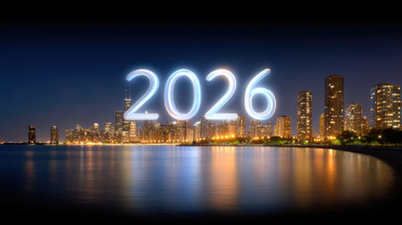 Nighttime view of Chicago skyline showcasing the illuminated 2026 display over calm waters, reflecting vibrant city lights, symbolizing new beginnings and future aspirations.の素材