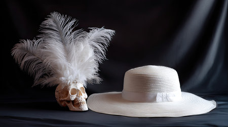 This striking image features a white hat and an ornate skull adorned with feathers against a shadowy backdrop, blending elegance with a touch of the macabre.の素材