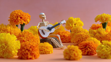 A whimsical scene featuring a skeleton playing a guitar among vibrant marigold flowers. This colorful arrangement captures a playful spirit perfect for artistic projects.の素材