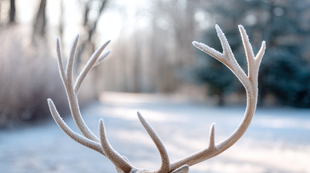 Stunning close-up of frosted deer antlers surrounded by a serene winter landscape, showcasing the beauty and tranquility of nature in a chilly environment.の素材