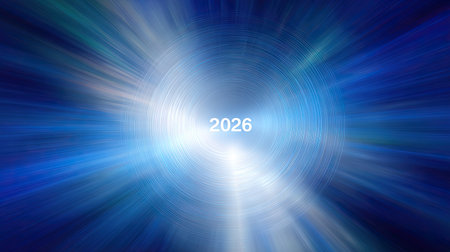 A stunning digital background showcases the year 2026, surrounded by vibrant blue colors and dynamic light patterns, representing speed, innovation, and progress.の素材