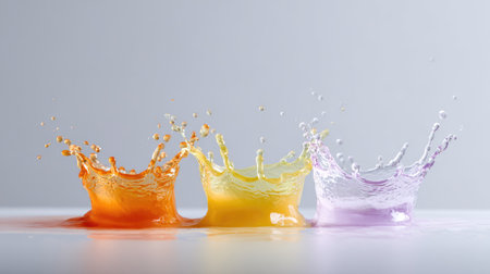 A stunning display of vibrant liquid splashes in orange, yellow, and purple against a clean background, perfect for use in creative projects and designs.の素材