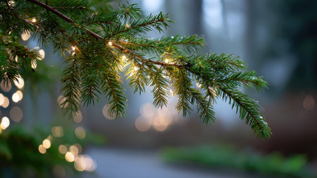 This image showcases a close-up view of an evergreen branch adorned with soft lights, set against the backdrop of a misty forest, evoking tranquility and seasonal charm.の素材