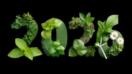 Illustrative depiction of the year 2026 using natural elements like leaves and herbs, symbolizing growth and sustainability against a dark backdrop. Ideal for eco-friendly themes.の素材