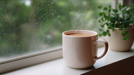 A cozy view featuring a steaming coffee cup on a windowsill, with raindrops touching the glass, lush greenery seen outside, creating a tranquil atmosphere for relaxation.の素材