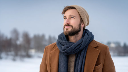 A young man stands in a snowy landscape, dressed in a stylish winter outfit, deep in thought as he gazes at the horizon, surrounded by tranquil nature.の素材