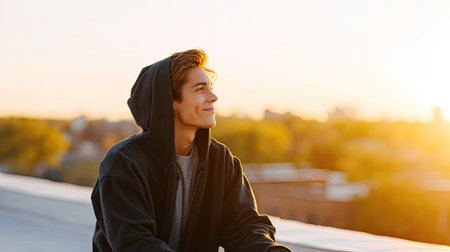 A young man sits on a rooftop, gazing peacefully at a breathtaking sunset, with a hoodie on, exuding a sense of calm and introspection in a beautiful urban setting.の素材