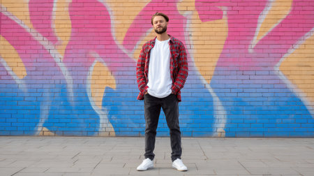 A young man stands confidently against a colorful graffiti wall, reflecting modern urban culture. His casual style and relaxed pose exude youthful energy and individuality.の素材