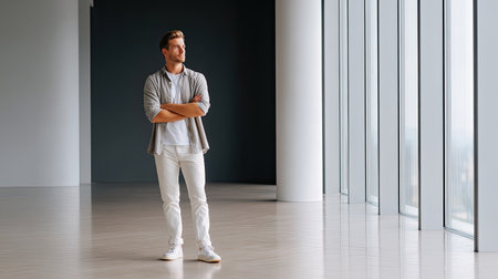 A young man stands in a spacious, well-lit interior, gazing thoughtfully out large windows. His relaxed posture suggests contemplation of possibilities and personal growth.の素材