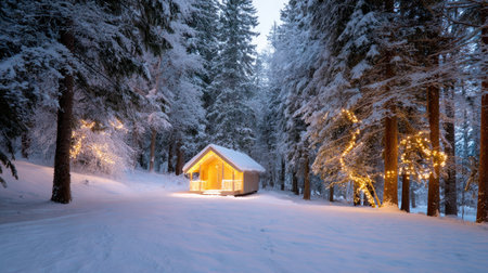 A charming wooden cabin glows with warm lights in a snowy forest, showcasing beauty and tranquility. The serene winter scene invites visitors to enjoy nature's magic.の素材