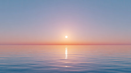 Experience a serene sunrise over calm ocean waters, featuring soft pastel colors and soothing reflections. A picturesque view perfect for relaxation and tranquility.の素材