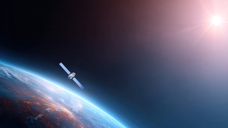 Stunning image capturing a satellite in orbit around Earth, showcasing a vast cosmic landscape with a radiant sun in the background and a colorful planetary horizon.の素材
