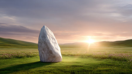 A stunning solitary rock rises from a lush green landscape at sunrise, capturing the serene beauty of nature with gentle light illuminating the tranquil scene.の素材