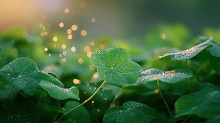 Close-up of lush green leaves glistening with morning dew, illuminated by soft sunlight, creating a serene and tranquil atmosphere in nature. Perfect for nature lovers.の素材