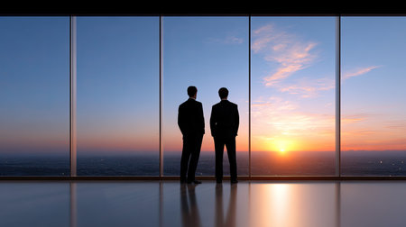 Two businessmen stand in silhouette against a breathtaking sunset view from a high-rise office. The expansive urban skyline creates a serene atmosphere, perfect for reflection.の素材