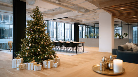 A modern office space beautifully decorated for Christmas featuring a large festive tree, stylish furnishings, and an inviting atmosphere perfect for holiday celebrations.の素材