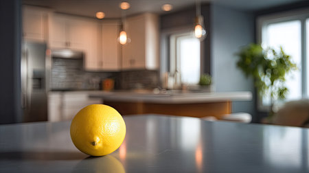 A fresh yellow lemon rests on a kitchen counter, with a stylish modern interior in soft focus. The natural light adds brightness and a touch of freshness to the culinary space.の素材