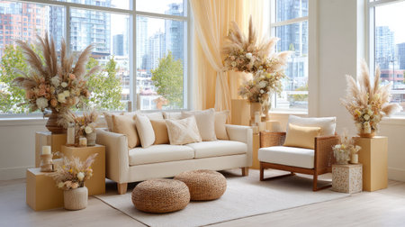 Discover a beautifully designed living room featuring a plush sofa, elegant floral arrangements, and natural textures, perfect for modern home decor inspiration and comfort.の素材