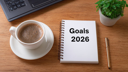 A cozy workspace featuring a coffee cup, a notepad with goals for 2026, and a small plant, perfect for inspiring productivity and effective planning in any environment.の素材