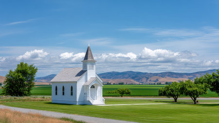 A charming white church stands peacefully in a lush green landscape under a blue sky filled with fluffy clouds. Scenic mountains provide a beautiful backdrop.の素材