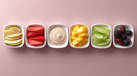 A vibrant arrangement of fresh fruit and dips displayed in stylish bowls on a soft pink surface. Perfect for promoting healthy snacking or event catering ideas.の素材