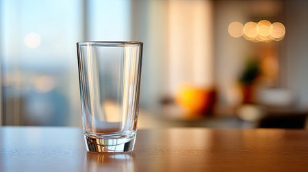A crystal clear glass sits empty on a wooden table, showcasing its minimalist elegance against a softly lit, modern interior, creating a warm and inviting atmosphere.の素材
